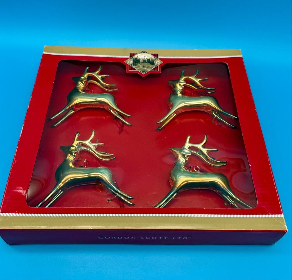 Gordon Scott Ltd Gold Reindeer Christmas Ornaments Set of 4 Original Box